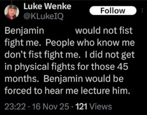 luke wenke challenging stalking victim ryan teeter to a fisfight on x/twitter november 2025