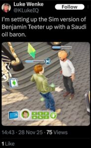 screenshot of a november 2025 luke wenke x/twitter post of wenke making a sims character of stalking victim ryan teeter