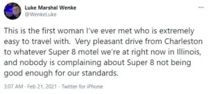 screenshot of a 2021 luke wenke x/twitter post mocking his stalking victim