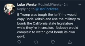 screenshot of Luke Wenke calling for the bombing of government buildings 2021