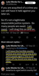 luke wenke x twitter screenshot demands owed 2023
