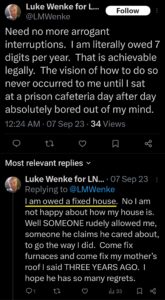 luke wenke stalker olean x twitter screenshot demands owed incel self-pity