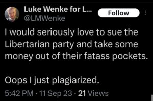 luke wenke x twitter screenshot threats to sue libertarian party 2023