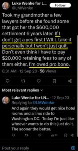 luke wenke x twitter screenshot owed demands 2023