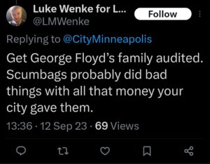 luke wenke racist george floyd tweet x twitter screenshot 2023