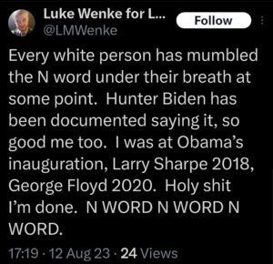 a racist x/twitter post by luke wenke complaining about George Floyd august 2023