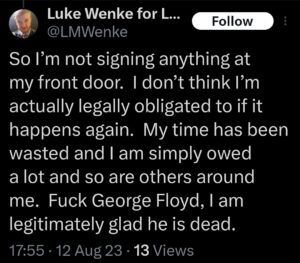 luke wenke racist tweet george floyd screenshot august 2023