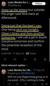 luke wenke x twitter screenshot letter writing obsession 2023