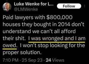 luke wenke x twitter screnshot demands owed 2023