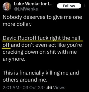 luke wenke x twitter screenshot us attorney david rudroff obsession 2023