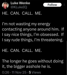 luke wenke x twitter screenshot ryan benjamin teeter obsession 2025