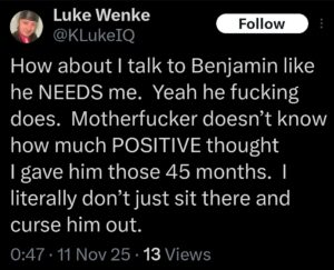luke wenke x twitter screenshot ryan benjamin teeter obsession 2025