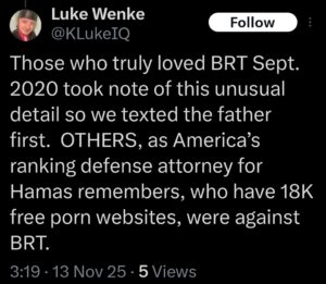 screenshot of luke wenke admitting to harassing stalking victim ryan teeter's dad november 2025