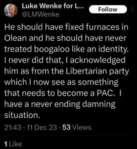 screenshot of a december 2023 Luke Wenke x/twitter post obsessing over stalking victim benjamin ryan teeter