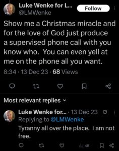 screenshot of a december 2023 luke wenke x/twitter post demanding a phone call from stalking victim benjamin ryan teeter