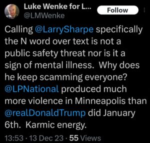 screenshot of a december 2023 racist luke wenke twitter/x post calling larry sharpe the n word