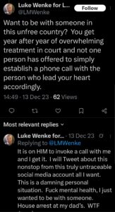 screenshot of a december 2023 luke wenke x/twitter post complaining about romantic rejection from benjamin ryan teeter