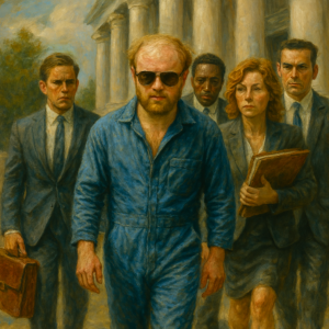 not luke wenke white man defendant balding blonde sunglasses outside courtroom entourage lawyers defense team blue jumpsuit jail detainee