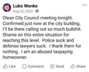 luke wenke facebook screenshot 2023 city council meeting demands owed