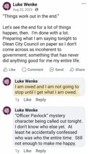 luke wenke facebook screenshot owed demands 2023