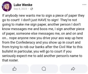 luke wenke facebook screenshot no contact angry 2023