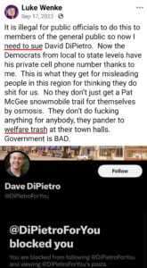 luke wenke facebook screenshot threats to sue assemblyman david dipietro 2023