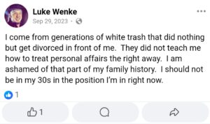 luke wenke facebook screenshot self-pity incel talk 2023