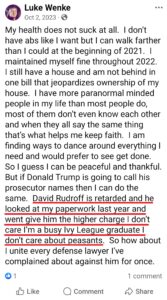 luke wenke facebook screenshot us attorney david rudroff obsession 2023