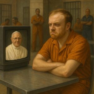 not luke wenke white male prisoner inmate orange jumpsuit sitting table tv pope prison