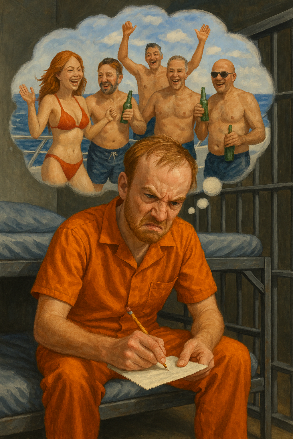 angry inmate prisoner daydream yacht sex party luke wenke orange jumpsuit