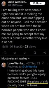 luke wenke x twitter screenshot incel talk self-pity anti-american 2023