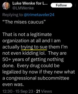 luke wenke x twitter screenshot threats to sue libertarian party 2023