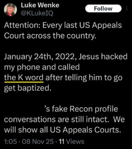 screenshot of a luke wenke x/twitter post claiming jesus hacked his phone december 2025