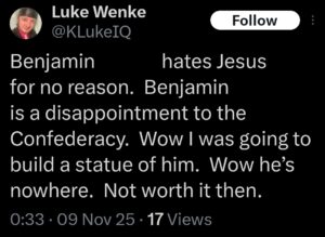 screenshot of a luke wenke x/twitter post obsessing over stalking victim benjamin ryan teeter november 2025
