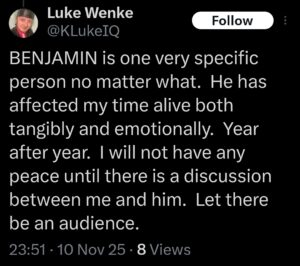 luke wenke x twitter screenshot benjamin ryan teeter obsession demands 2025