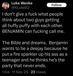 luke wenke x twitter screenshot benjamin ryan teeter obsession 2025