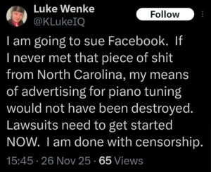 screenshot of luke wenke threatening to sue facebook in a november 2025 x/twitter post