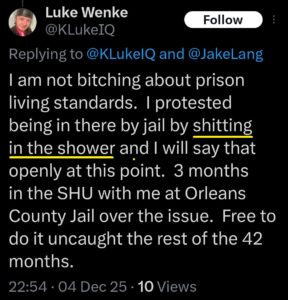 luke wenke shower shitting jail x twitter screenshot 2025