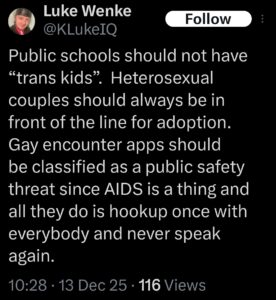 luke wenke x twitter screenshot transphobic homophobic hate 2025