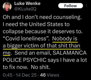 luke wenke x twitter screenshot owed demands self-pity incel 2025