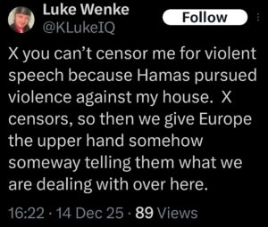 luke wenke x twitter screenshot hamas violence 2025