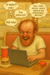 not luke wenke balding redheaded man laughing sitting mcdonalds booth laughing evil fries soda laptop white t-shirt