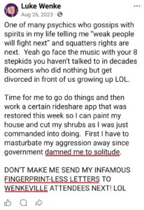 luke wenke facebook screenshot incel talk wenkeville letter writing obsession