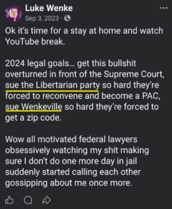 luke wenke facebook screenshot threats to sue libertarian party wenkeville 2023