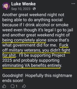 luke wenke facebook screenshot incel talk antimilitary antiamerican 2023