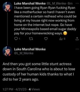 screenshot of an april 2023 x/twitter post by luke wenke obsessing over benjamin ryan teeter and threatening to take lexys kids away