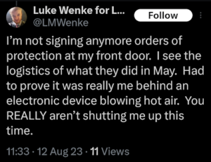 screenshot of an august 2023 luke wenke x/twitter post refusing to comply with no-contact orders