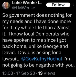 luke wenke x twitter screenshots threats to sue ny assemblyman david dipietro 2023