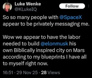screenshot of a november 2025 luke wenke x/twitter post claiming he's DMing with elon musk
