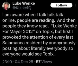 screenshot of luke wenke taunting stalking victims december 2025